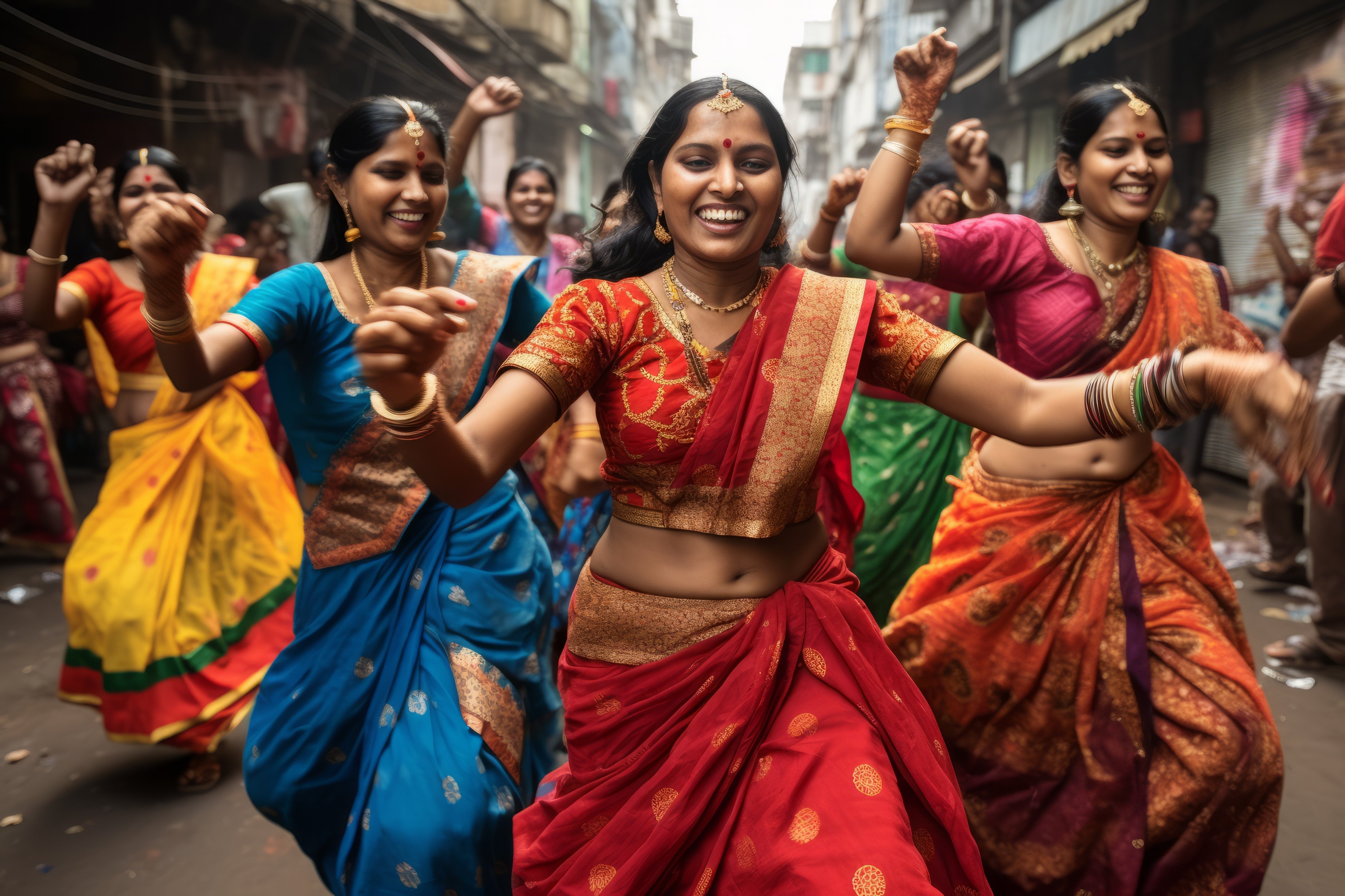 Indian women dancing on the streets in traditional clothes Indian women dancing on the streets in traditional clothes