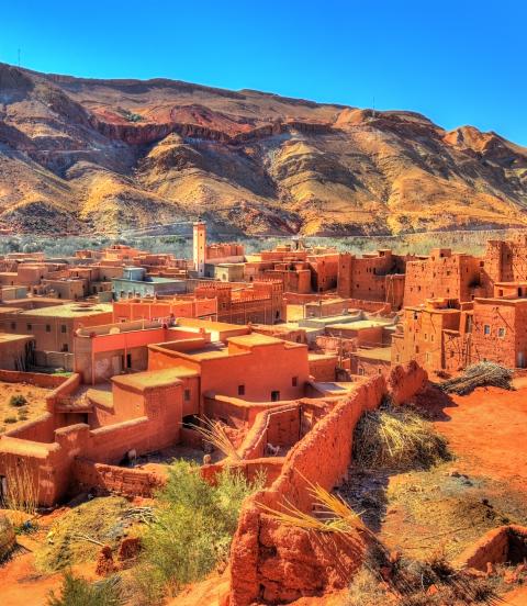 View of Bou Tharar village. Morocco, the Valley of Roses with the mountains in the background