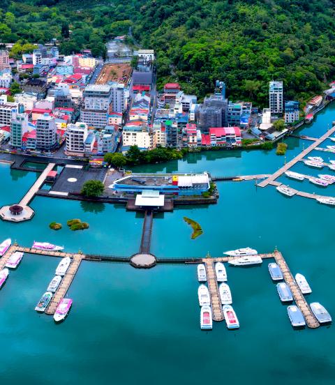Aerial shot of wharf, pier and beautiful lake waters